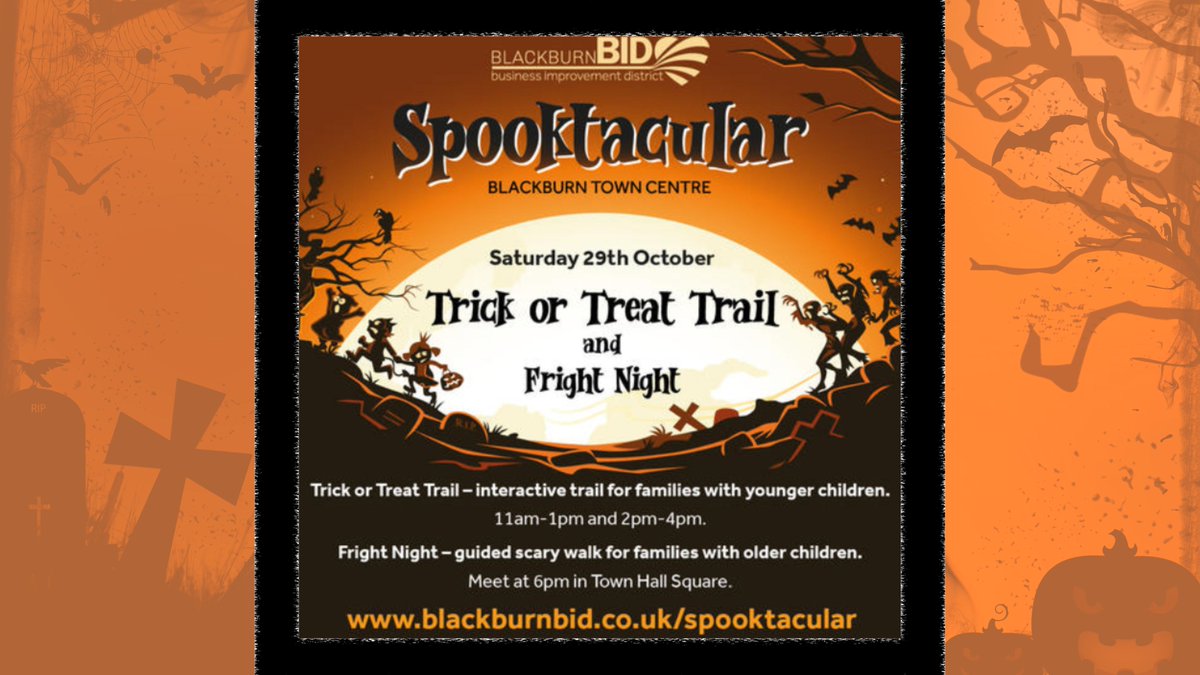 The FREE Halloween fun continues in #Blackburn town centre this Saturday🙌🏽

🎃FREE Trick or Treat Town Centre Trail for younger families running 11am - 1pm, 2-4pm
🧙🏻‍♀️AND a FREE Fright Night Town Centre Trail for families with older families starts at 6pm

👉🏼blackburnbid.co.uk/spooktacular/