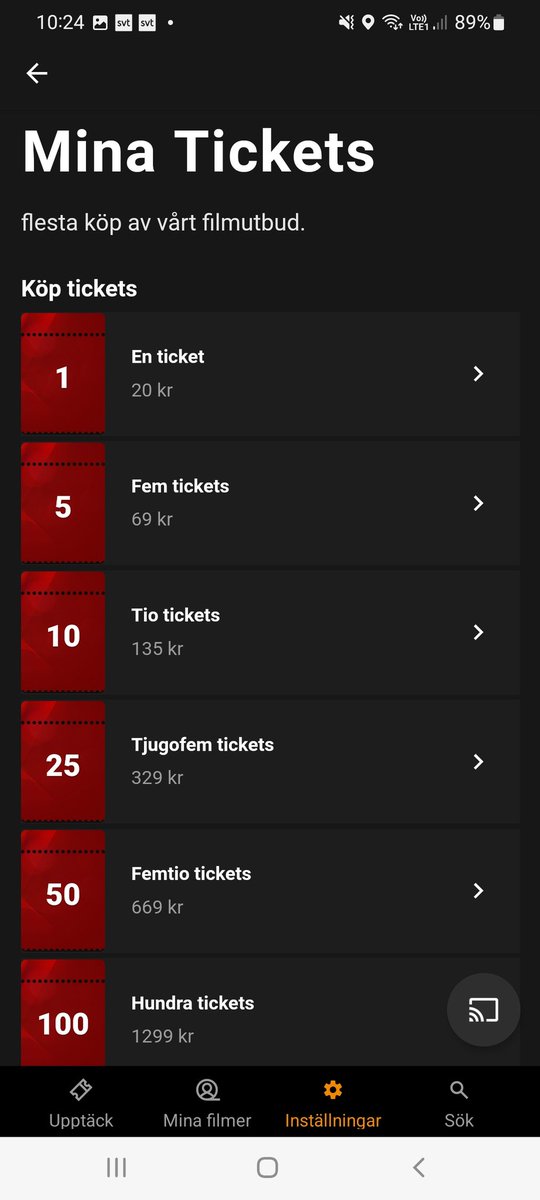 tgarder's tweet photo. ...men SF Anytime HAR den här magiska rymdteknologin. Går man in på inställningar i appen -> mitt konto -> mina tickets så kan man vips köpa tickets från 1, 5, 10, 25 osv. Det bara syns inte där användarna oftast kommer i kontakt med det, i hyr/köp film-vyn. Fantastiskt. https://t.co/5mTel0ew9Z