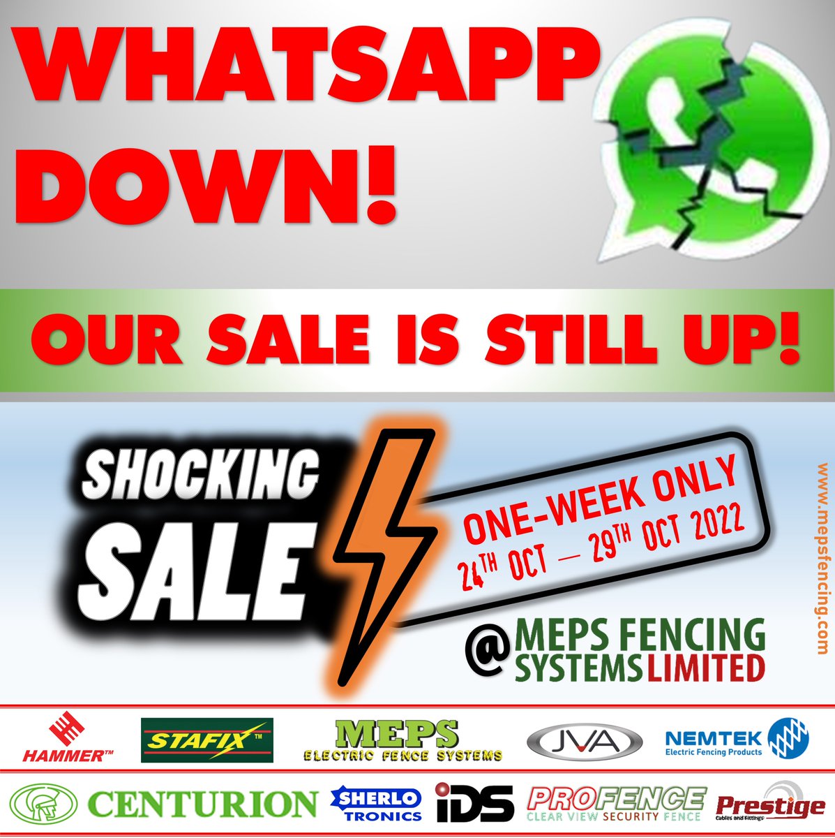mepsfencing's tweet photo. @citizentvkenya WhatsApp is Down but our SALE is still UP!

Visit https://t.co/XTwsHMnn6d

#whatsappdown
#security
#kenya
#Twitter
#whatsappstatus
#nairobi
#meta
#METAchallenge https://t.co/YnTLWZH21i
