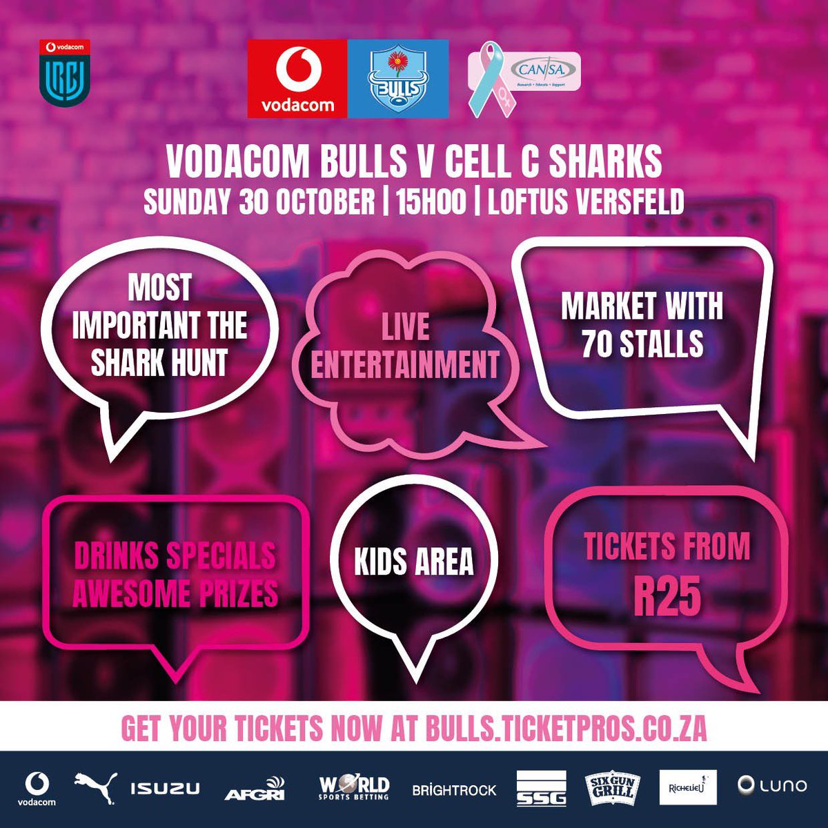 Pink Day is almost upon us, don’t miss out #GetYourPinkOn 🔥

🎟 Tickets from R25: bit.ly/3CzHx74
🐃 Vodacom Bulls vs Cell C Sharks 
🍻 Beer Garden
🍲 Loftus Market (opens at 10)
🎶 Live Music 
🎁 Awesome Prizes &amp; Drink Specials

<a href="/Vodacom/">Vodacom</a> #URC