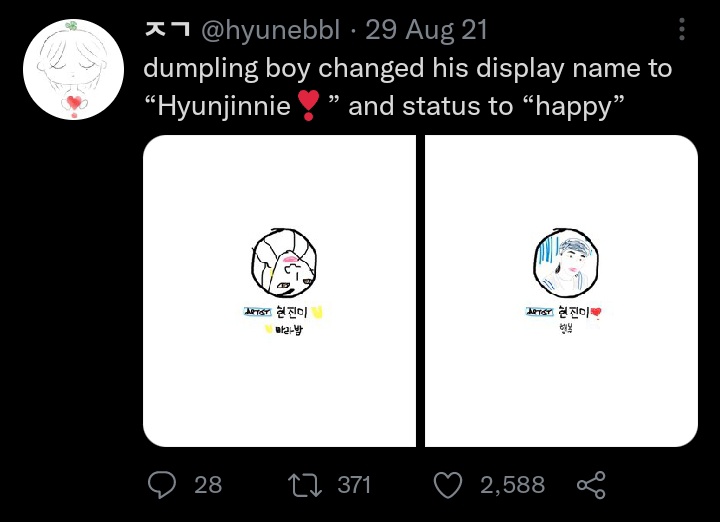 hnlixy2's tweet photo. one of my favorite things to ever happen in stayville is when bbl was really strict with copyright so hyunebbl used to draw his statuses for us 🙁🙁 https://t.co/pcH5t4UT9C