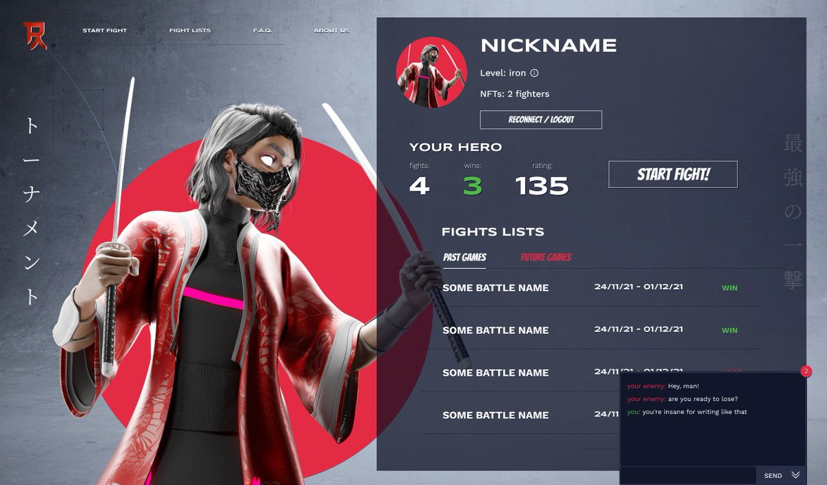 Our NFT grants acces to Raytai Tournament platform. 

Each of your amazing characters could become even better. Fight for chance of getting new traits!

Change your weapons, hair or background and get extra skill points and more chances to win next Tournament!

RT+Like+ETH for WL