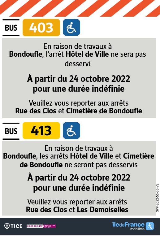EvryEss_IDFM's tweet image. #InfoTrafic Modification sur les déviations des lignes #bus403 et #bus413. Nous vous présentons nos excuses pour les désagréments occasionnés. Bonne journée!