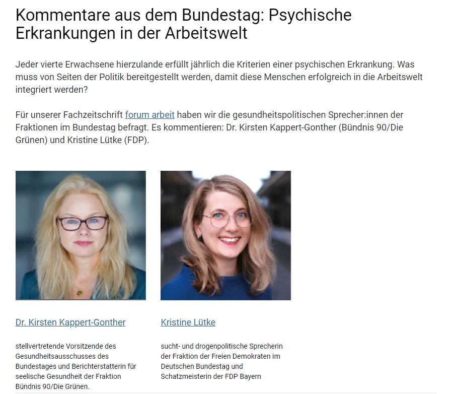 Was muss von Seiten der Politik bereitgestellt werden, damit Menschen mit psychischen Erkrankungen erfolgreich in die Arbeitswelt integriert werden? Kommentare aus dem #Bundestag von <a href="/KirstenKappert/">Kirsten Kappert-Gonther</a> &amp; <a href="/kristine_lutke/">Kristine Lütke</a> in der #forumarbeit
👇
bagarbeit.de/themen/forumar…