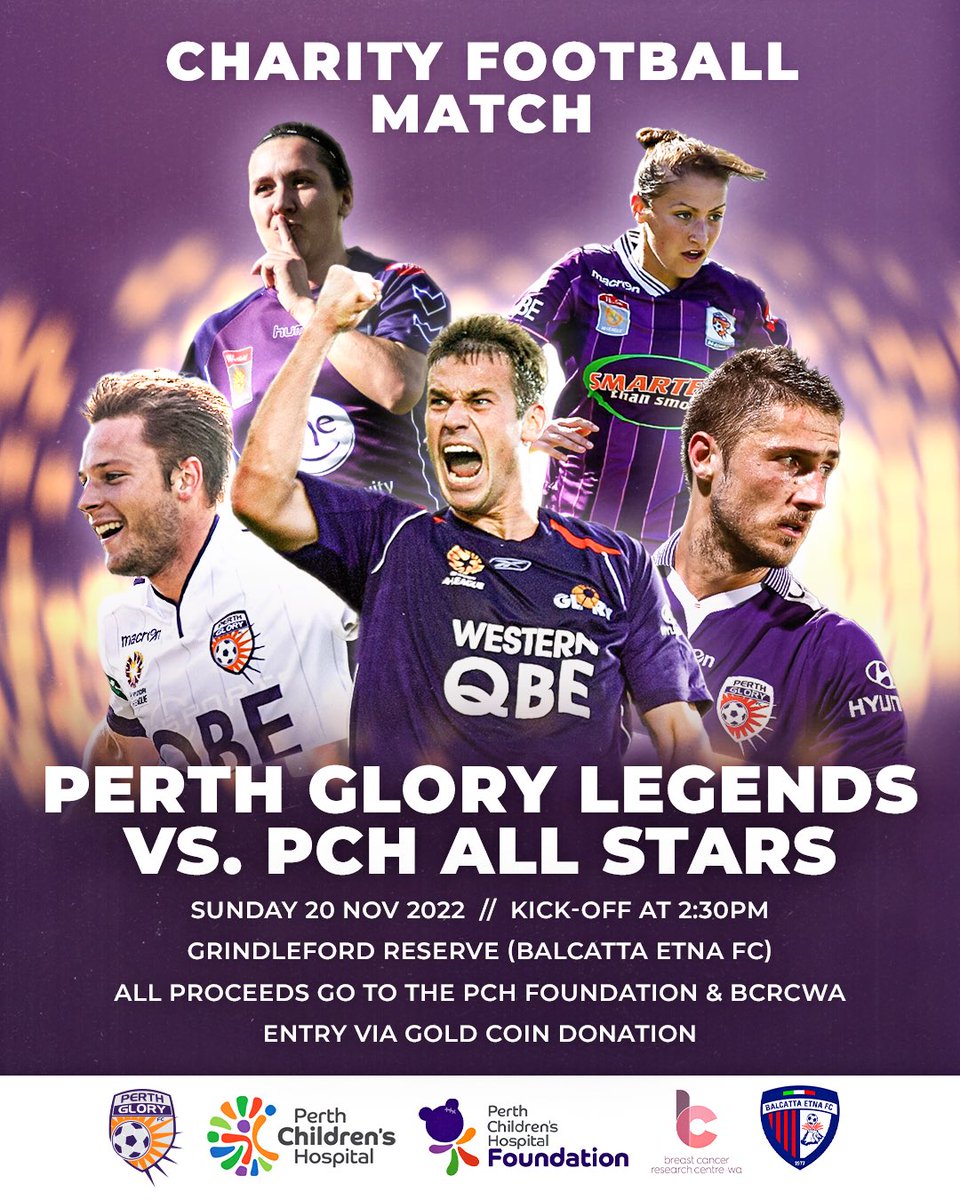 We go again on Sunday 20 November at <a href="/BalcattaEtnaFC/">Balcatta Etna FC</a>! ⚽️
Would love to see as many people as possible getting along to support this event raising money for two fantastic causes in <a href="/PCHFWA/">Perth Children's Hospital Foundation</a> and Breast Cancer Research Centre - WA.
<a href="/FootballWest/">Football West</a> <a href="/Farpostperth/">The Far Post Perth</a> <a href="/PerthGloryFC/">Perth Glory FC</a>