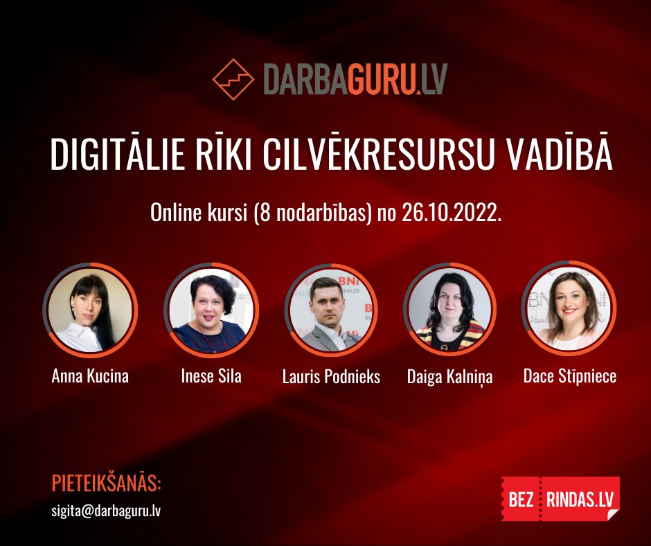 Šis ir pēdējais brīdis, lai pieteiktos online kursiem “Digitālie rīki cilvēkresursu vadībā”. Pirmā nodarbība jau rīt, 26. oktobrī! Ir iespējams pieteikties arī uz atsevišķām nodarbībām. 
Programma un pieteikšanās šeit: darbaguru.lv/lv/zinas/1280-… 

#darbs #darbinieki #kursi