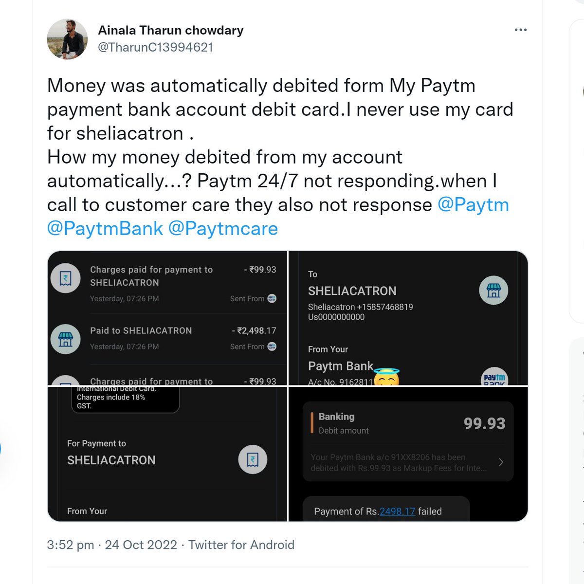 ShaikRe62757738's tweet photo. Why is this Happening only with Paytm Payment Bank?  @Paytmcare @PaytmBank needs to answer and refund the amount to the respective customers as they are unauthorized transactions. https://t.co/2A0YSlodkd