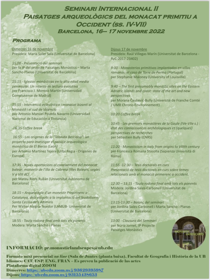 IRCVM's tweet photo. 📝 Preneu paper i llapis, i apunteu-vos les dates dels pròxims 16 i 17 de novembre.

➡️ @MonasticLandsc1 planteja el seu II Seminari Internacional Paisatges arqueològics del monacat primitiu a Occident (ss. IV-VII).

📍Sala de Juntes de @GH_UB 

💻 També es podrà seguir per Zoom. https://t.co/jb5oPyscJV