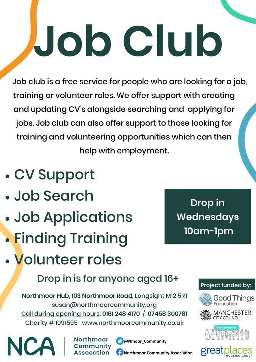 Nmoor_Community's tweet photo. Are you looking for a job or training to support you to get a job? Come along to Job Club at Northmoor Hub. Job Club is a free drop in service that runs every Wednesday 10am-1pm #ManchesterJobClub #Longsight #Gorton
#GetintoWork https://t.co/rUusEgpzNC