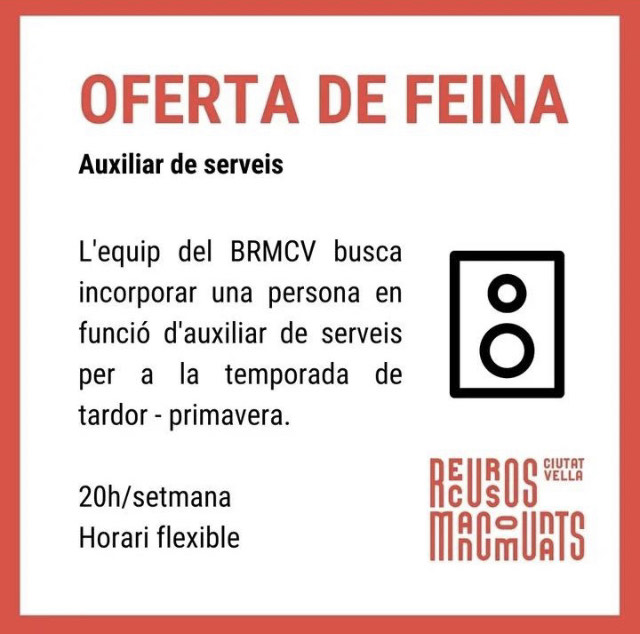 mancomunats's tweet photo. 📢Oferta de feina📢
Al BRMCV ens queda una vacant d'auxiliar de serveis per la temporada tardor-primavera!

Si vols treballar en un ambient dinàmic i t'interessa la xarxa comunitària de Ciutat Vella vine a treballar amb nosaltres!🚲🛠️🎶

+Info https://t.co/DGa2xkZxe3 https://t.co/2BhL0eT77c