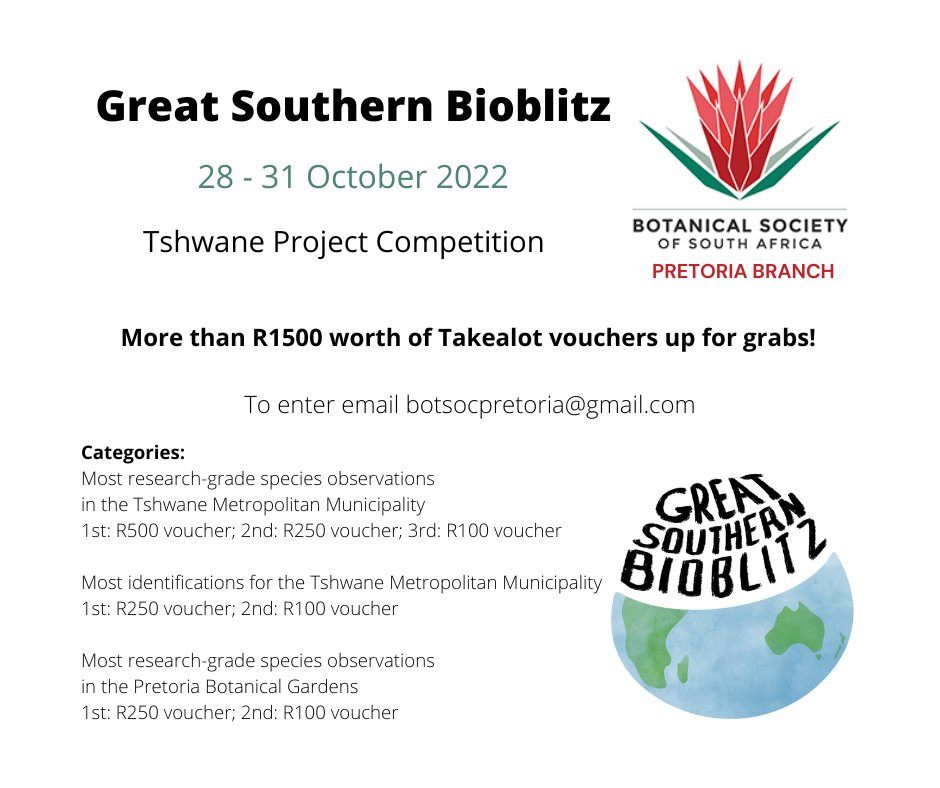 BotSoc Gauteng Branch (@botsocgauteng) on Twitter photo Competition time!🌱
As part of the <a href="/GSBioblitz/">GreatSouthernBioblitz</a> this weekend, we have a number of <a href="/TAKEALOT/">takealot</a> vouchers up for grabs for the most observations + identifications made in <a href="/PretoriaGarden/">Pretoria National Botanical Garden</a> and wider <a href="/CityTshwane/">City of Tshwane</a> municipality🌿
To enter/for more details: botsocpretoria@gmail.com Competition time!🌱
As part of the <a href="/GSBioblitz/">GreatSouthernBioblitz</a> this weekend, we have a number of <a href="/TAKEALOT/">takealot</a> vouchers up for grabs for the most observations + identifications made in <a href="/PretoriaGarden/">Pretoria National Botanical Garden</a> and wider <a href="/CityTshwane/">City of Tshwane</a> municipality🌿
To enter/for more details: botsocpretoria@gmail.com