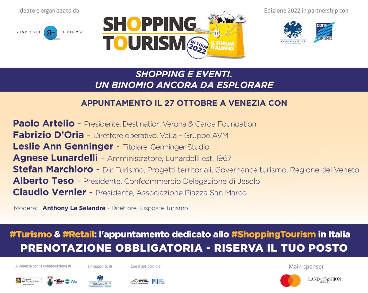 La seconda tavola della tappa di Venezia tratterà di #shopping ed #eventi per comprendere quale spazio può trovare lo #shoppingtourism all'interno di manifestazioni che attraggono flussi turistici nel #territorio che li ospita.

Per il programma completo &gt; bit.ly/3CwFHCu