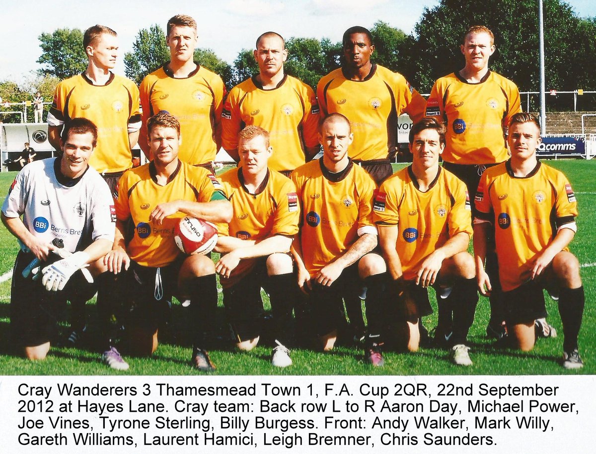 Ten years ago

Not many smiles from this <a href="/OfficialWands/">Cray Wanderers FC</a> side but they did the business repeatedly. It was a team packed with Cray legends: <a href="/AzzadayDay/">Azza Day</a> (269 apps), @MF_Power (108 goals); <a href="/TyroneSterling/">Tyrone Sterling</a> (235 apps), Mark Willy (344 apps), Leigh Bremner (138 goals).

<a href="/IsthmianLeague/">The Pitching In Isthmian League</a>