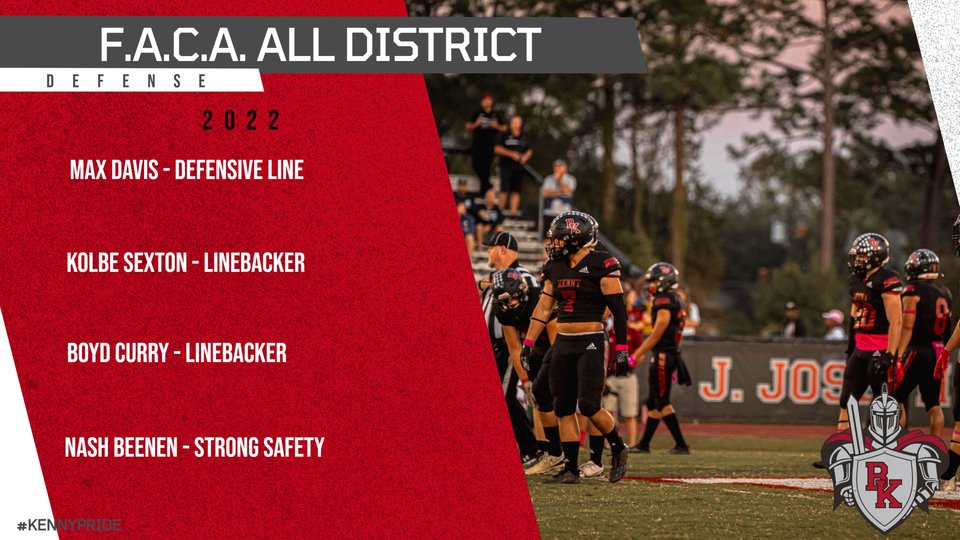 BKHS_Football's tweet photo. F.A.C.A. All-District (All of Duval and Nassau Counties)
Congratulations to @maxdavis2005, @SextonKolbe, @boydcurry0, and @nashbeenen for being named to the F.A.C.A. District 5 All-District Defense!
#KennyPride #DefendTheRiver #EEIO https://t.co/eaVHPe2ysR