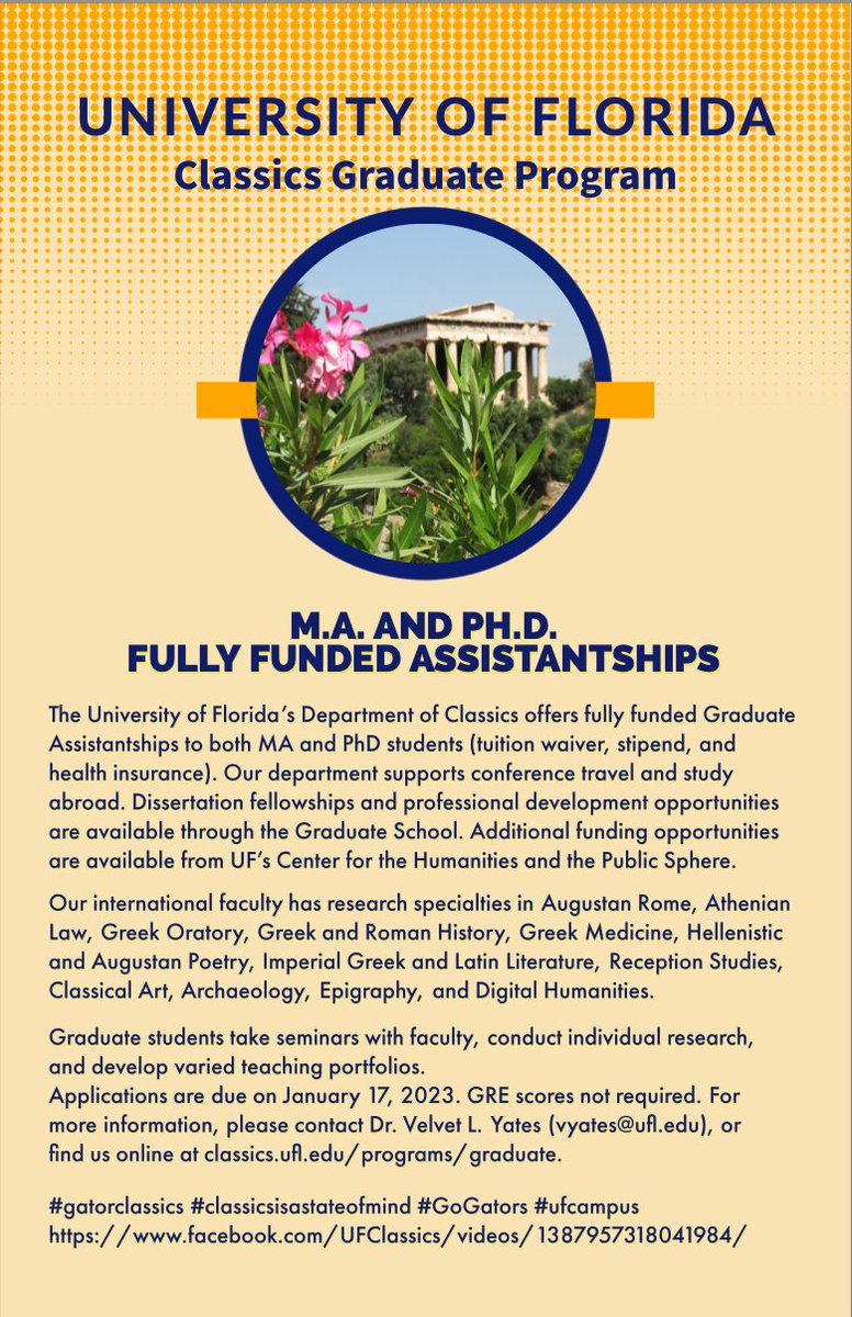 Are you a Classics student looking for a fully funded graduate program (MA or PhD!)? Look no further than UF Classics! Come join us in the Sunshine State! Applications are due 01/17/23. Looking for more info? You can DM us for contact info. #gatorclassics