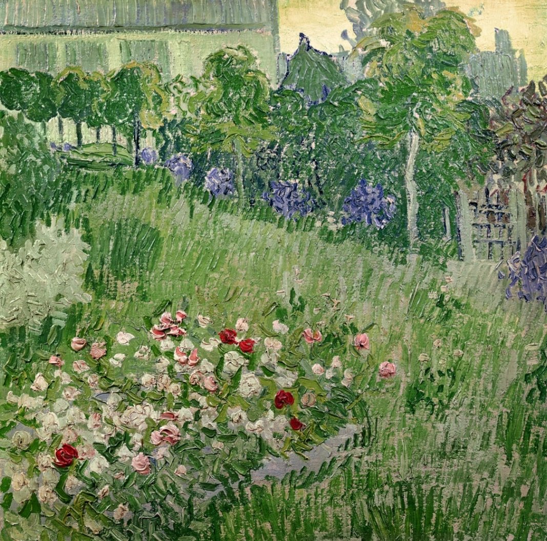 ahistoryinart's tweet photo. In 1890, two months before he died, van Gogh painted the garden of the landscape artist Charles-François Daubigny at Auvers-sur-Oise. Lacking a canvas, he covered a tea-towel with a thick, pink layer of ground to paint this moment in early summer. https://t.co/rkBpVwnkjg