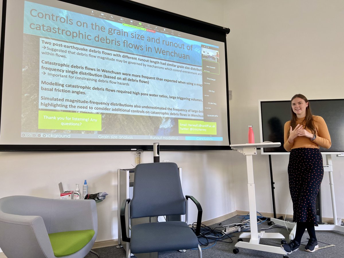 We just had a great talk by <a href="/ErinLHarvey/">Erin Harvey</a> from <a href="/CU_EARTH/">Cardiff School of Earth & Environmental Sciences</a> about the controls on the grain size and runout of post-EQ debris flows in Wenchuan, and identifying the associated underestimated risks. Thanks for stopping by Erin!