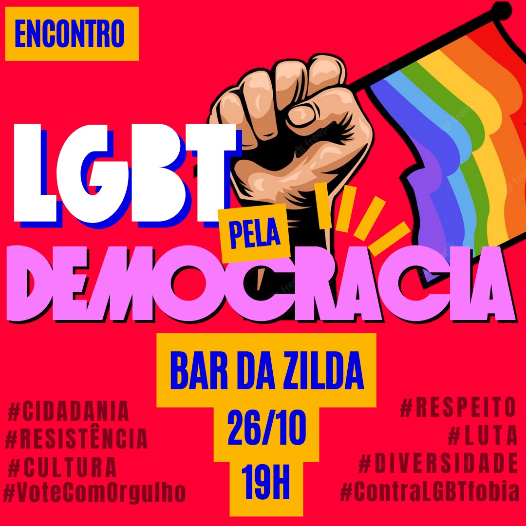 Camilavaladao50's tweet photo. Nesta quarta-feira temos um encontro importantíssimo no Bar da Zilda ás 19 horas!
Vamos todas, todos e todes nos manifestar pela diversidade, pelo respeito, pela cultura e pela democracia ✊🏾🚩⭐ #VotecomOrgulho https://t.co/uVZPcpdamS