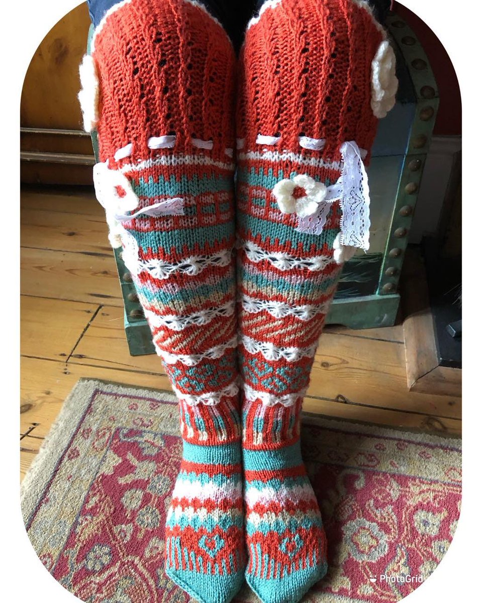 Excited to share this item from my #etsy shop: Handknitted over the knee Fairisle socks with crocheted flowers, assorted DK acrylic yarn, machine washable on hand wash cycle, dry flat etsy.me/3Fe70EJ