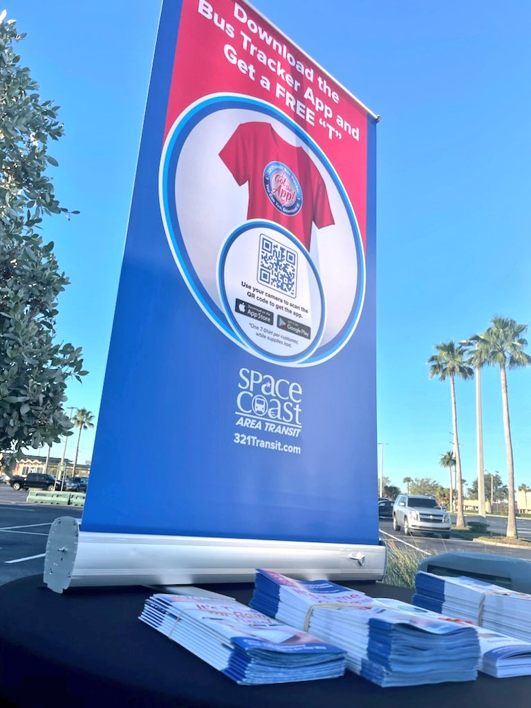 SpaceCoastTPO's tweet photo. Day #2 of @321Transit pop-up events! SCTPO staff is joining our friends over at transit to remind citizens that they can ride FREE on #TryTransitThursday by showing the mobile app. Bonus! They get a free tshirt and awesome safety goodie bags, too! π²ππ€© #MobilityWeekFL https://t.co/R4KD3xaBKC