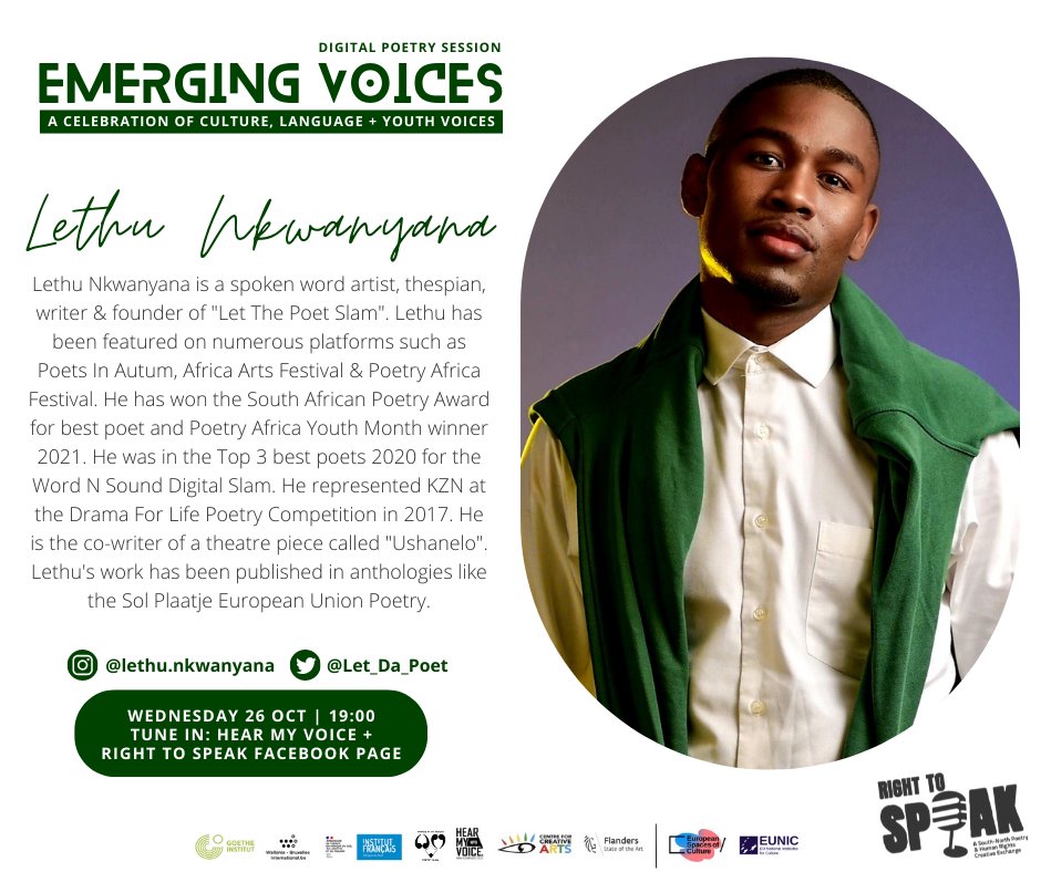 _RightToSpeak's tweet photo. Meet our poets and host for the "Emerging Voices" Digital Poetry Session.

Fulufhelo La Venda
(Host) Menzi Mkhonza
Thapelo Pilusa @TAPSTA_95 
Lethu Nkwanyana @Let_Da_Poet 

Wednesday 26 October 19;00pm SAST
Location: Hear My Voice Facebook Page 
#RightToSpeak #AfricanVoices https://t.co/48MetOJ7rq