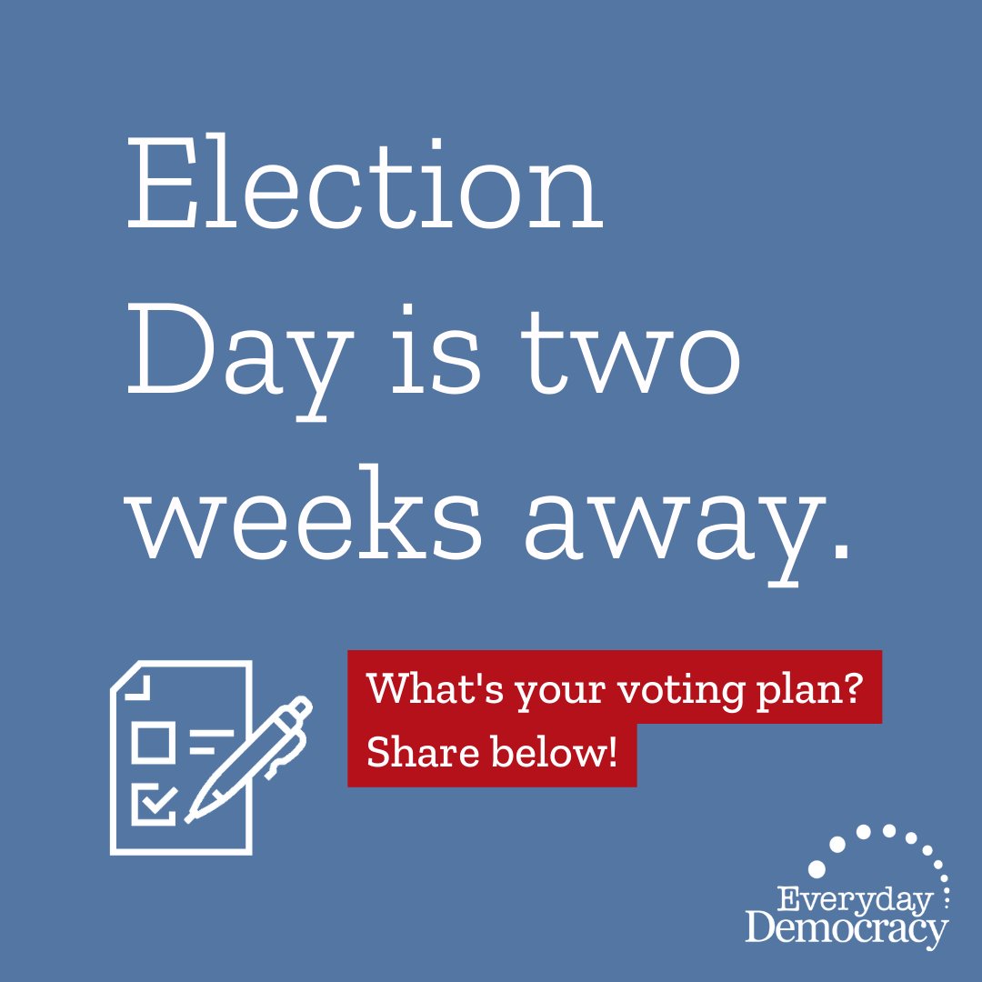 🗳️ Election Day is two weeks away!

Have you:
✔️Checked your registration?
✔️Found your polling place?
✔️Looked up who &amp; what's on your ballot?

Download our Plan Your Vote guide at: bit.ly/EvDemPlanYourV… and share your voting plan below!

#Vote #DemocracyIsOnTheBallot