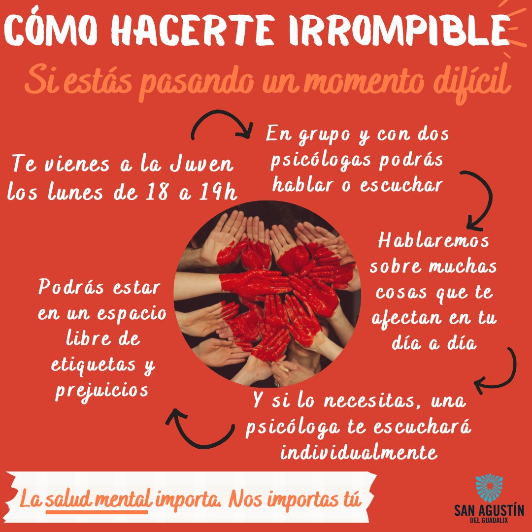 juvensag's tweet photo. La salud mental importa. Nos importas tú 💛Hemos creado un espacio en La Juven donde poder hablar en grupo, escuchar, aprender, pensar y decidir. A partir del 31 de octubre los lunes de 18 a 19h, Háblanos si quieres al 📲676 688 115, por DM o escríbenos 📧juventud@aytosag.es https://t.co/ezVrdBZcmF