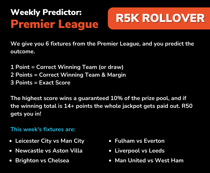 LetsWayja's tweet photo. 🚨 The weekly PL Predictor pool is up! 🚨
Come predict this weekend's #PremierLeague scores in our chosen fixtures and stand a chance to WIN over R5000! ⚽️💰
Details in the images! Enter here: https://t.co/V1nKey205C
#LetsWayja https://t.co/jdJbW5w73W