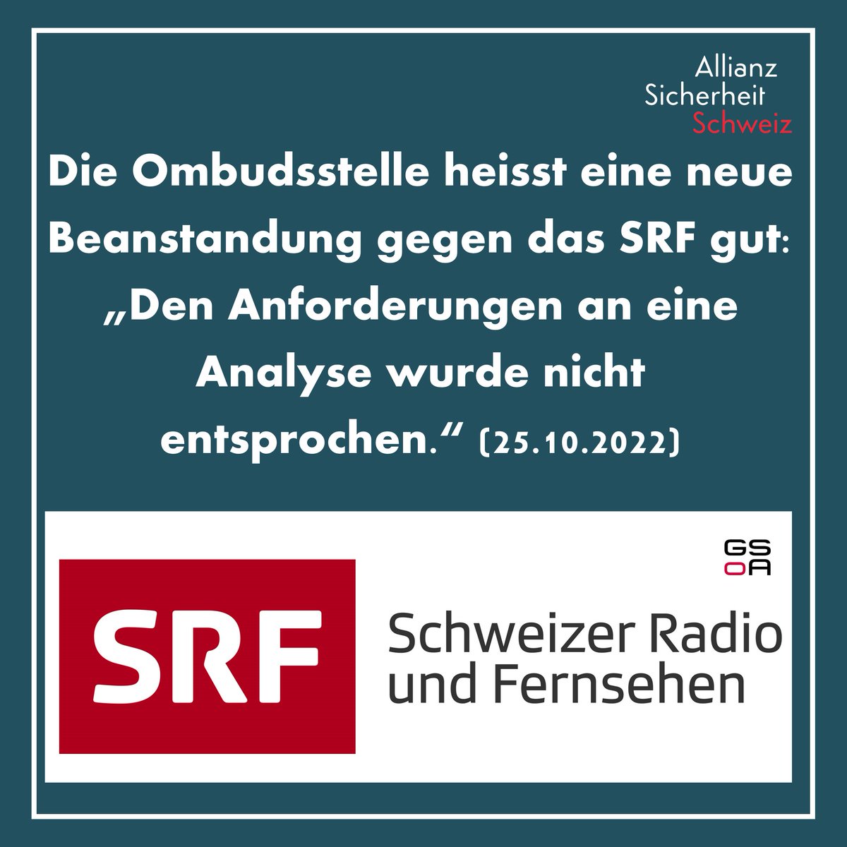 Die Ombudssstelle heisst eine neue Beanstandung gegen das SRF gut. "Den Anforderungen an eine Analyse wurde nicht entsprochen". («Echo der Zeit» – «Kampfjet darf trotz Volksinitiative abheben» und «SRF News» – «Mit dem Kampfjet werden Volksrechte gegroundet» vom 15.09.22)