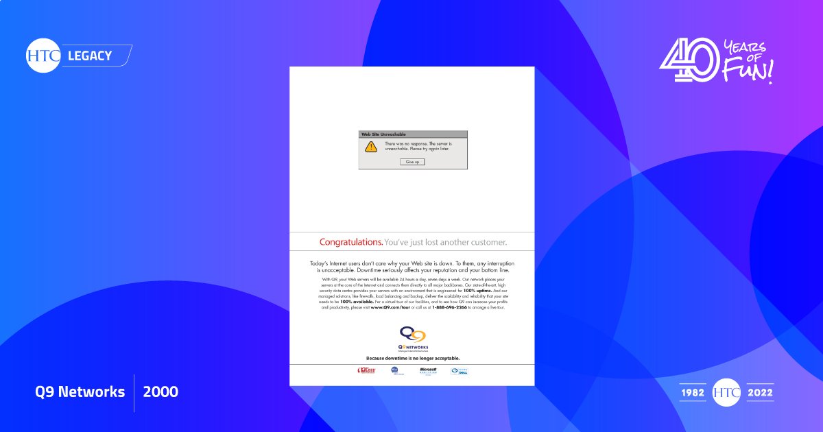 HTCWebSolutions's tweet photo. HTC created the launch ad campaign for Q9 Networks that focused on uptime reliability during the early, less reliable days of the internet.
#Q9Networks #HTC #40YearsofFun #branding #technology #tech #campaigndesign https://t.co/igKRgPjvz5