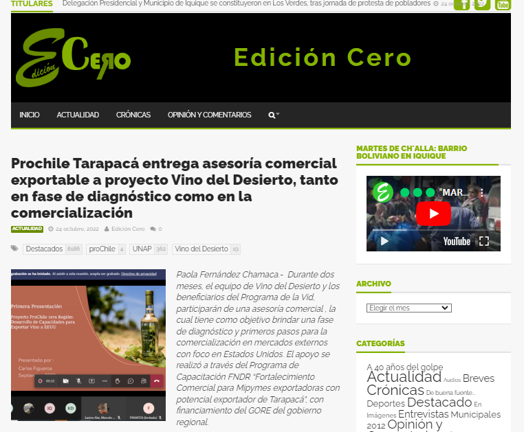 ProChile_T's tweet photo. Agradecemos a la Prensa de #Tarapacá @CEI_Noticias, @reporteroiqq por sus publicaciones sobre la asesoría comercial exportable a Vino del Desierto. #Iquique

@Gore_Tarapaca apoya la internacionalización de las empresas regionales a través de FNDR.

https://t.co/KIpqL9LBsI https://t.co/xGUpPhjBtA