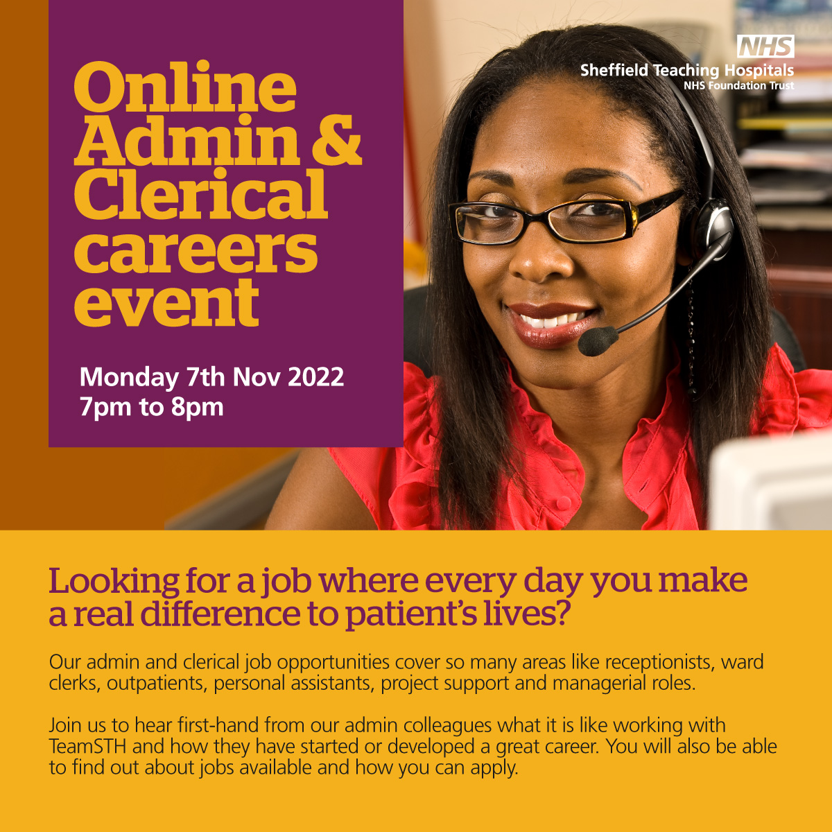 📅Join us for our #Admin &amp; Clerical online careers event!

Hear from current admin staff and find out more about the wide variety of roles we have, how to apply, and our great staff benefits!

More details &amp; register here 👇
eventbrite.com/e/admin-and-cl…
#AdminJobs #Sheffieldjobs