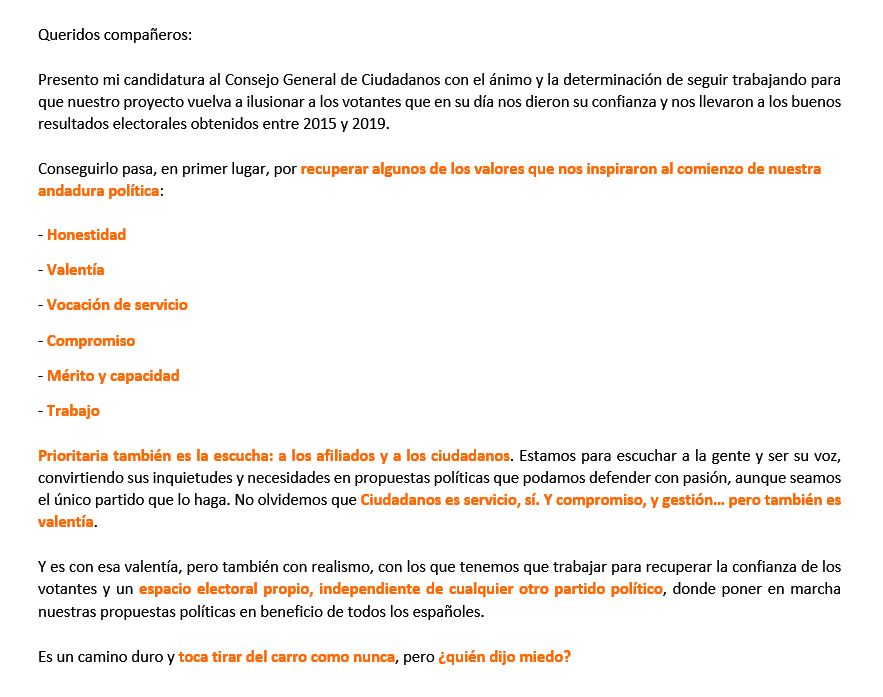 ESPipaon's tweet photo. He presentado mi candidatura al Consejo General de @CiudadanosCs.

🍊Cs tiene que recuperar un espacio electoral propio, independiente de cualquier otro partido, y trabajar para volver a ilusionar y convencer a todos los votantes que en su día nos dieron su confianza. https://t.co/SQ7u4YYJAk