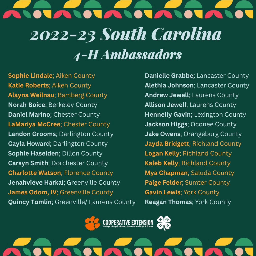 sc4hplp's tweet photo. We would like to congratulate all of our #4HPinckneyLeaders who recently completed training to be 2022-23 South Carolina 4-H, Ambassadors! Congratulations to all!🎉 #ThisIs4H #SC4H #4HPinckneyLeadership https://t.co/9wsnG5tUeW