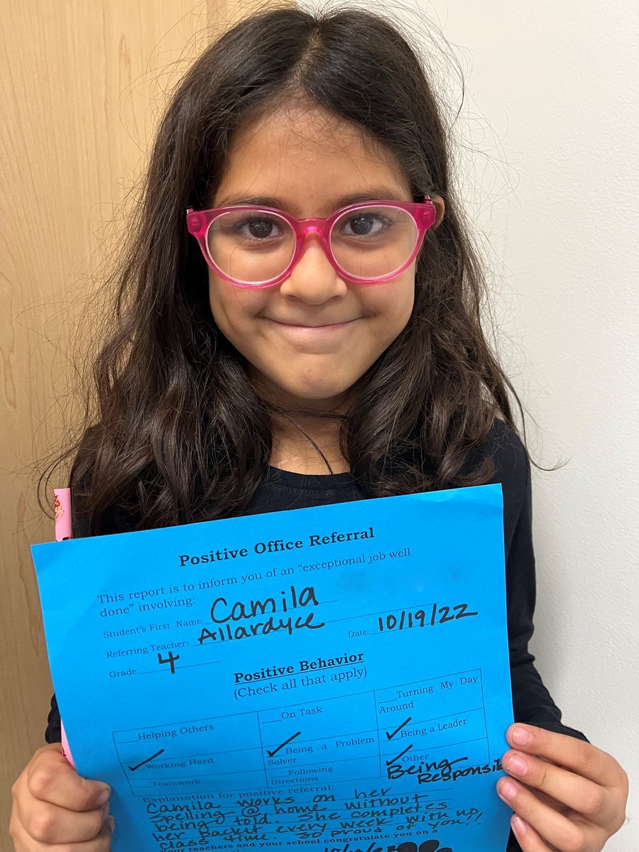 Hamfamwildcats's tweet photo. Camila works on her spelling at home without being told. She completes her packet every week without being told. #PositiveOfficeReferral #Reponsible https://t.co/ssYmUKATdG
