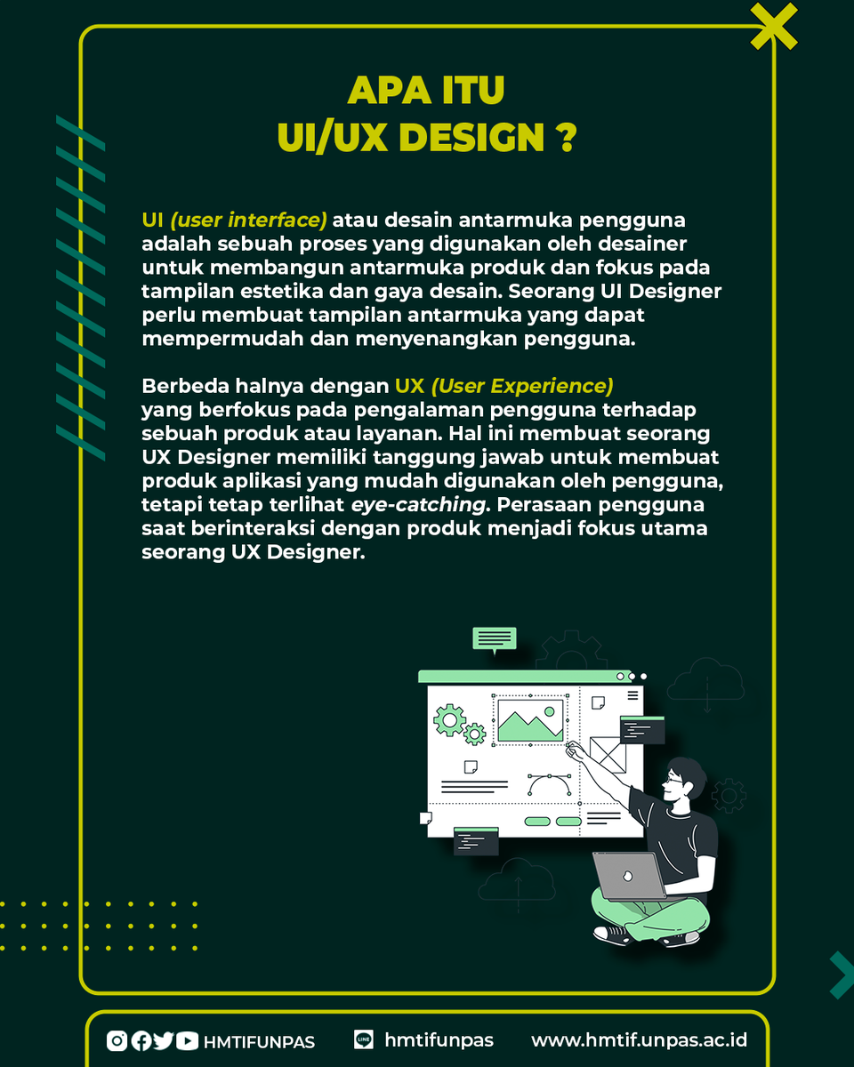 [Education]

Sampurasun!!!
Halo Akang/Teteh udah pada tau belum nih, apa itu UI/UX Design?
Yuk simak penjelasannya!

------
Kabinet Magenta
HMTIF-UNPAS 2022/2023

#KabinetMagenta
#hmtifunpas
#informatikaunpas