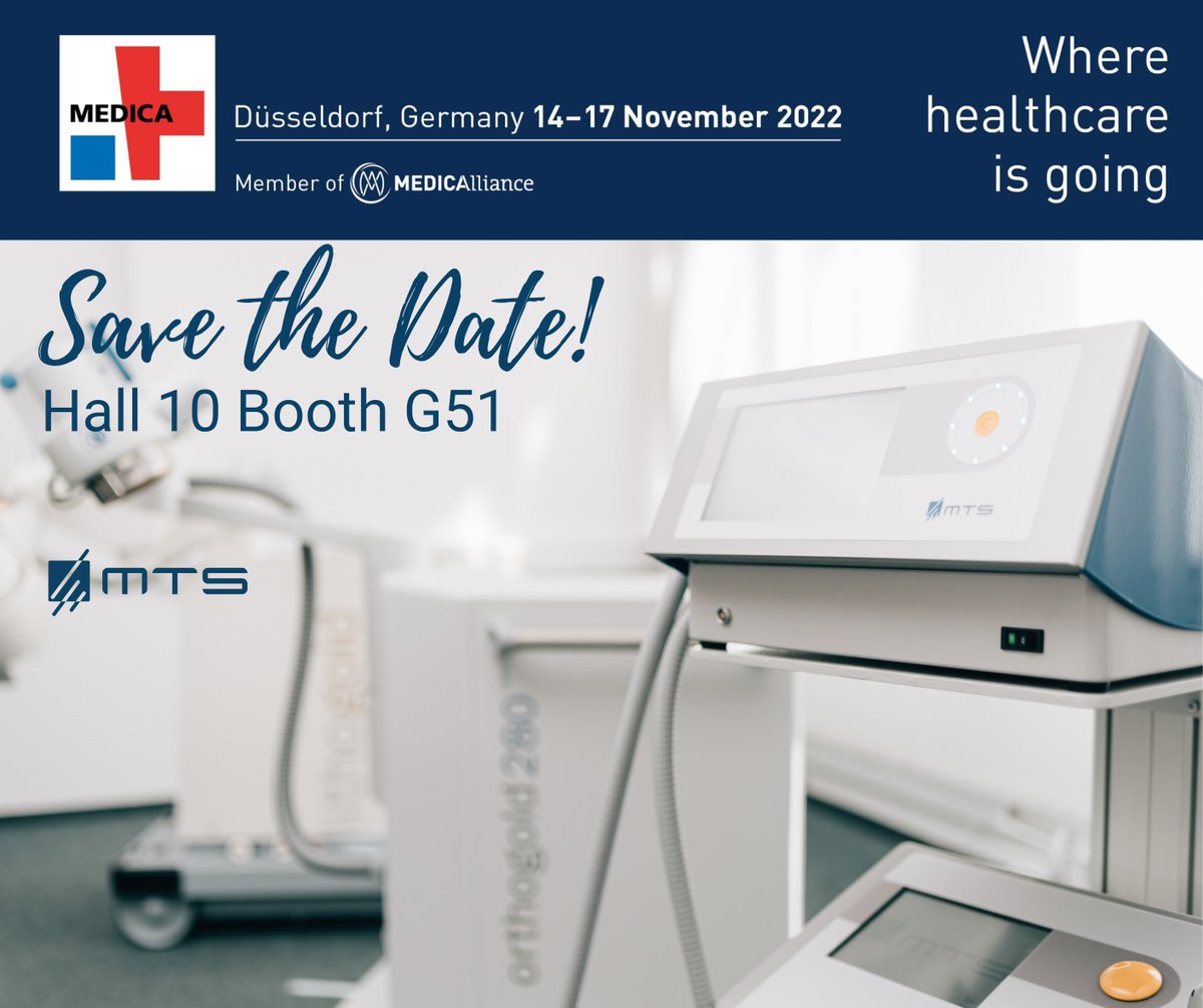 MTSSparkWave's tweet photo. Save the date for MEDICA 2022, Nov 14th-17th in Dรผsseldorf and be where the whole world of medicine meets. MTS Medical is located at the lake of Constance manufacturing medical devices for use in the field of #orthopaedics, #dermatology and #urology.
#MTSMedical #medica2022 https://t.co/yCQGY68PeT