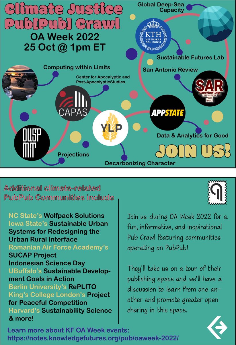TODAY! It's not too late to join us for this #OpenAccessWeek2022 Pub[Pub] Crawl at 1pm ET featuring 8 very different open publishing communities that hit upon the theme of climate justice. To register: us02web.zoom.us/webinar/regist…