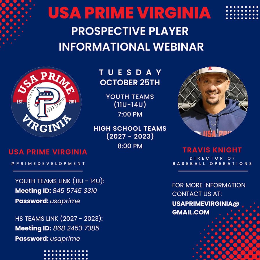 usaprimeva's tweet photo. 🗣 TONIGHT! Come join us. Details in the graphic. @usaprimebaseball #PrimeDevelopment #PrimeMovement #PrimeFamily https://t.co/EFRWT9ACnu