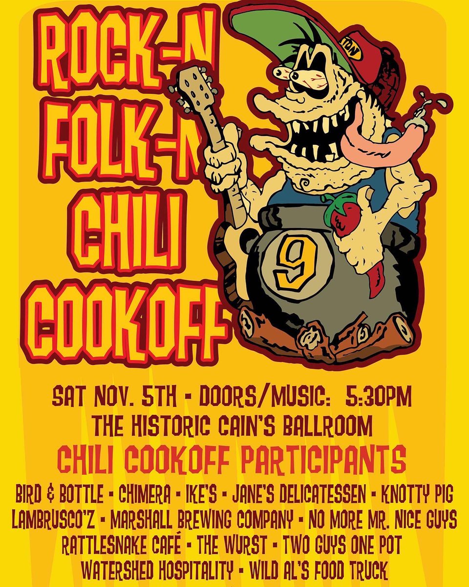 SAT NOV 5TH <a href="/CainsBallroom/">Cain's Ballroom</a> TULSA • MUSIC • CHILI • ART • ALL AGES • Tix $15/adv incl chili sampling • donate food, coats, musical instruments at the door &amp; get a free event shirt #tulsa #tulsamusic TICKET LINK: etix.com/ticket/p/67767…