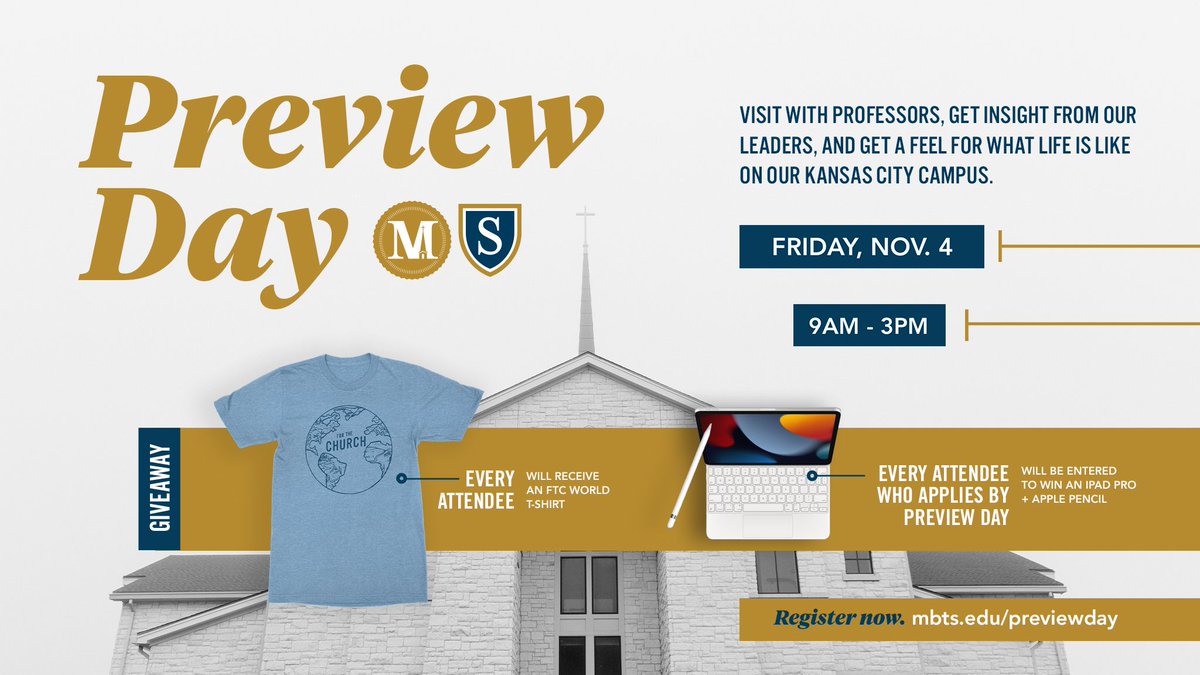 Come visit us in KC! Our Fall Preview Day is November 4th. See our campus + spend time with our faculty, staff, and students. 

👕 Every attendee gets an FTC state t-shirt
📚 Apply by Preview Day = be entered to win an iPad Pro + <a href="/Apple/">Apple</a> pencil

REGISTER: mbts.edu/preview