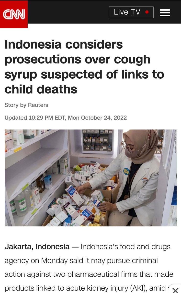 Tak boleh brain betul aku berita ni, 141 orang kanak kanak (rata-rata umur 5 tahun ke bawah) dan bilangannya makin meningkat, selepas disahkan kena Acute Kidney Injury (AKI) dipercayai daripada ubat batuk yang dijual oleh 2 buah farmaseutikal di Indonesia.