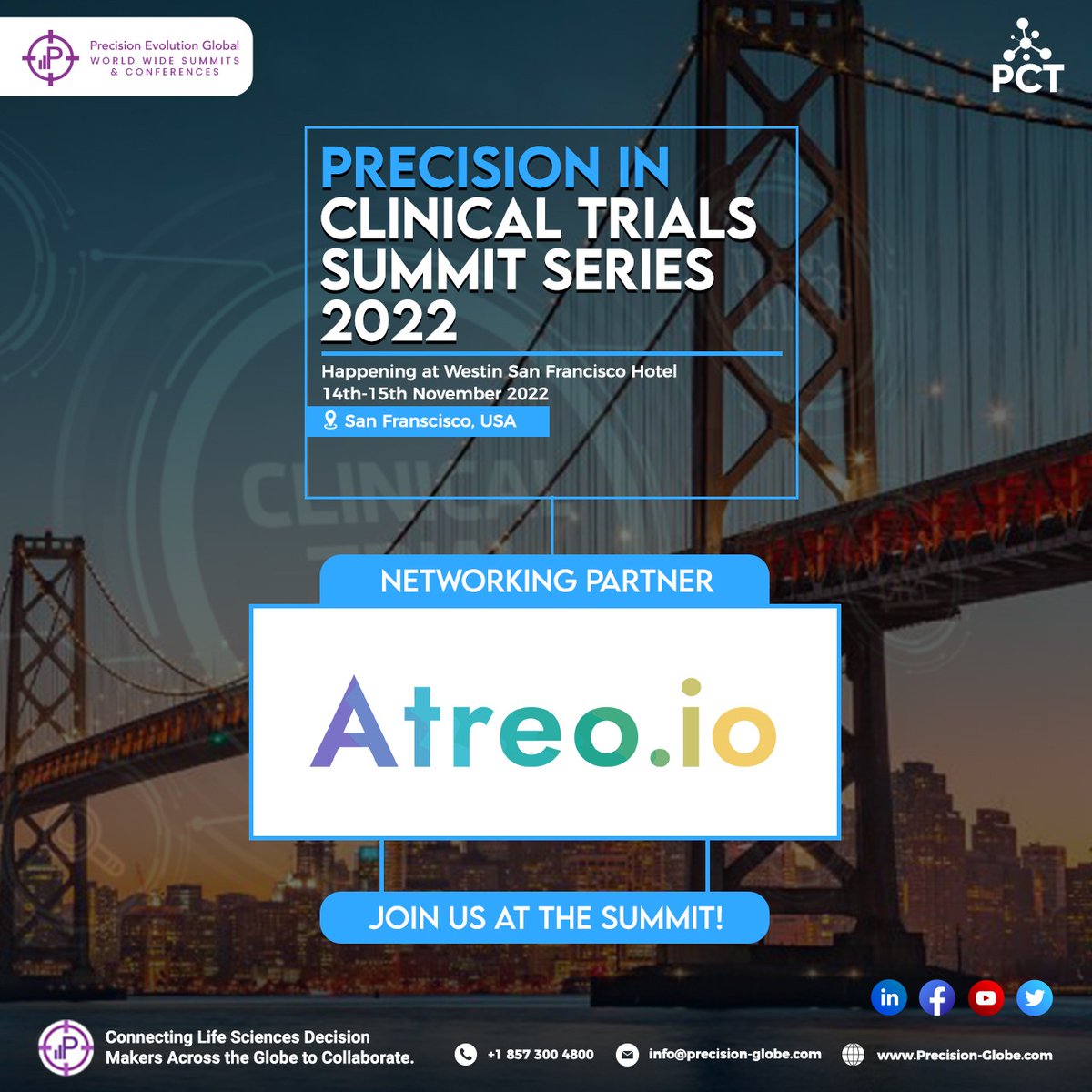 PrecisionEvolu1's tweet photo. We are pleased to welcome https://t.co/G8Y1bJzuvO to the #PCTSUMMIT in #SanFrancisco!

Learn about their platform to accelerate your #ClinicalResearch by emailing info@Precision-Globe.com

#ClinicalTrials #DCT #InPersonEvent #AI #Events #WestCoast https://t.co/EvKIk34o39