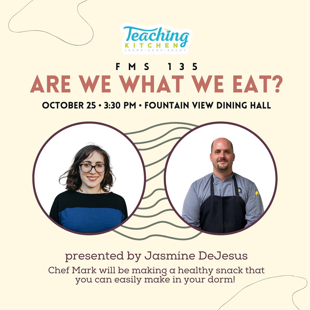 Join us today at 3:30pm for another Teaching Kitchen! Professor Jasmine DeJesus will be talking about the psychology of eating &amp; will be joined by Chef Mark 😋🍪🧅