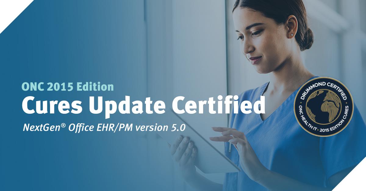 Big news for #interoperability! NextGen® Office, #NextGenHealthcare’s award-winning EHR/PM platform for small practices, has achieved the ONC Health IT 2015 Edition Cures Update certification via Drummond Group, LLC. Learn more in our Newsroom: ow.ly/1axs1049GQb