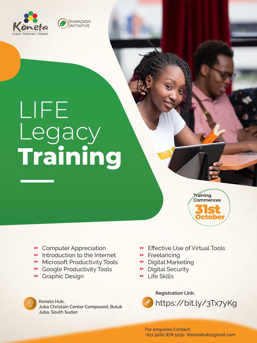 Konetahub's tweet photo. Are you a young person with passion to develop your Computer, Leadership and Financial Skills?
Then here is an opportunity for you! The LIFE Legacy program is an intensive 10 weeks training.
Deadline is 28th October 2022.
Apply here > https://t.co/hxjzC7UVw6 https://t.co/8Lq6YhQDqp