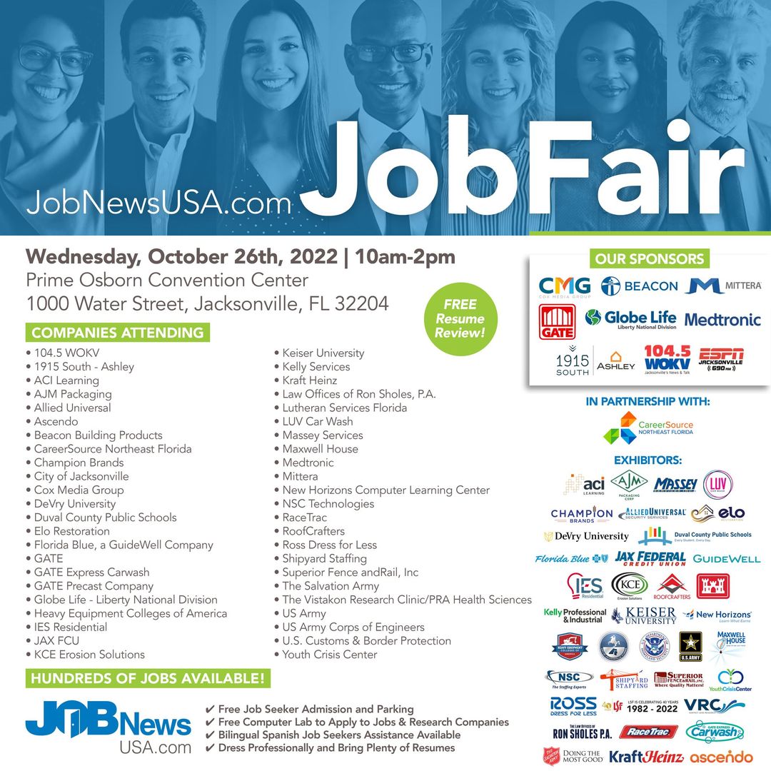 Attention job seekers - @JobNewsUSA is hosting another Job Fair tomorrow, 10/26, at the @PrimeOsbornJax from 10-2. Bring your resumes and dress for success for the dozens of local and national companies looking for employees. Free admission, parking, and resume review on site!