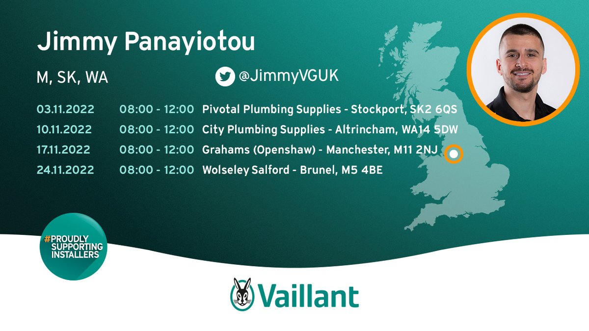 Join @JimmyVGUK next month at the following venues, to discuss all things Vaillant 🐰 #ProudlySupportingInstallers #VaillantUk