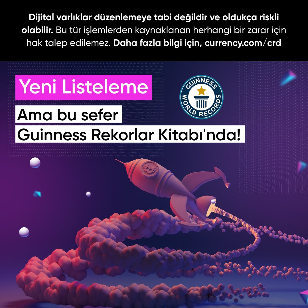 Yeni listeleme duyurusu! 📣

#Bitcoin, Guinness Rekorlar Kitabı'na girdi! 

Dijital varlıklar düzenlemeye tabi değildir ve oldukça riskli olabilir. Daha fazla bilgi için, currency.com/crd.

#Currencycom #Kriptopara $BTC #BTC