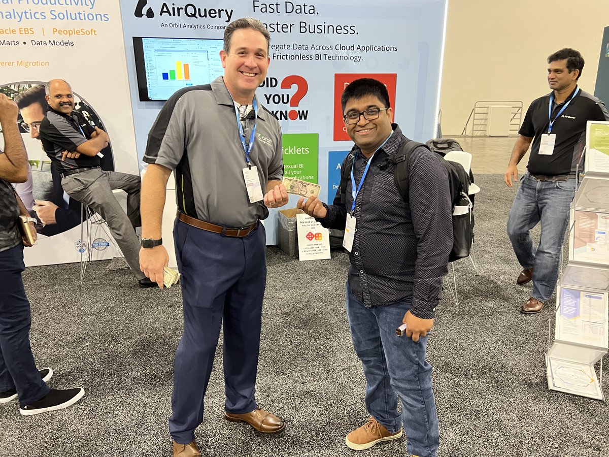 OrbitAnalytics's tweet photo. Winner, Winner, Chicken Dinner!😁🤩🎊
Congratulations to the winners of the "Roll the Dice" Booth Game at #Oracle #CloudWorld 2022.
Thank you all for playing and having fun with us.
See you again next year.
#orbitanalytics #analytics #oraclecloudhcm #oraclecloudscm #ocw #lasvegas https://t.co/pdi75A9mXW